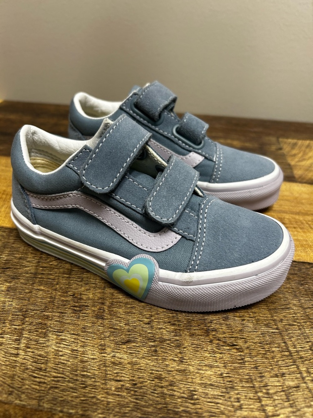 Vans Kids Blue Velcro Sneakers with Pink Stripe and Heart Accent